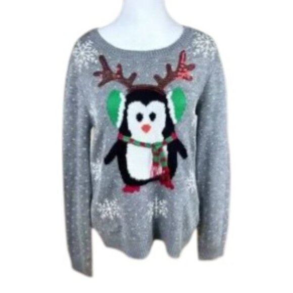 Penguin Christmas Sweater Gray Multi Sequins (L) - Picture 1 of 8